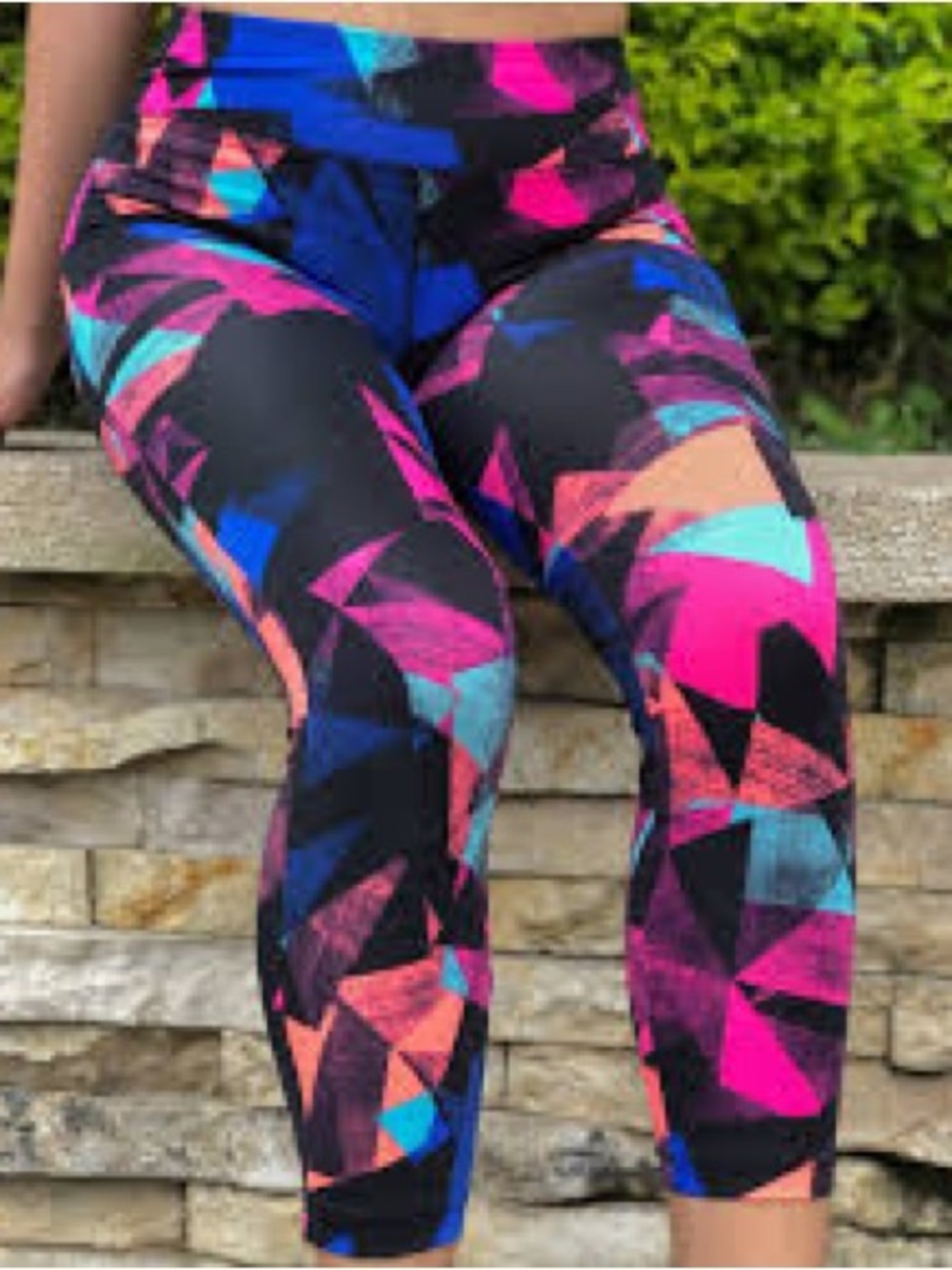 City Streets Black Leggings with Neon Pink, Blue & Teal Geometric Print